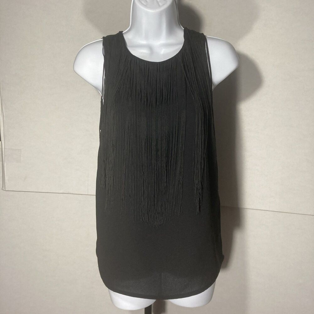 H&M black fringed round neck keyhole light weight sleeveless top 2